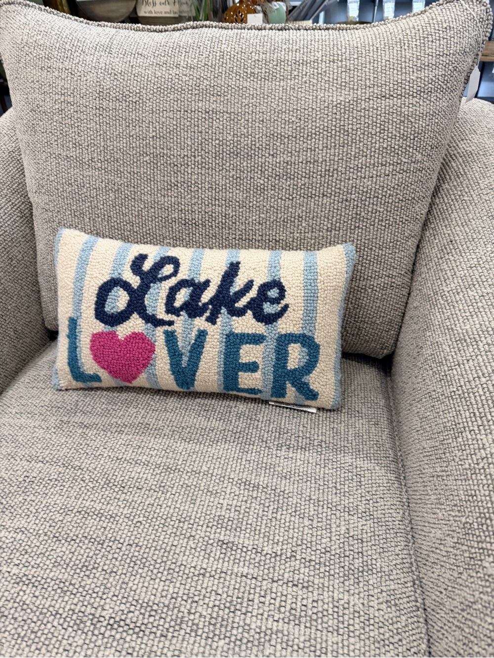 Cream 'Lake Lover' Hooked Accent Pillow with Blue and Pink Motif